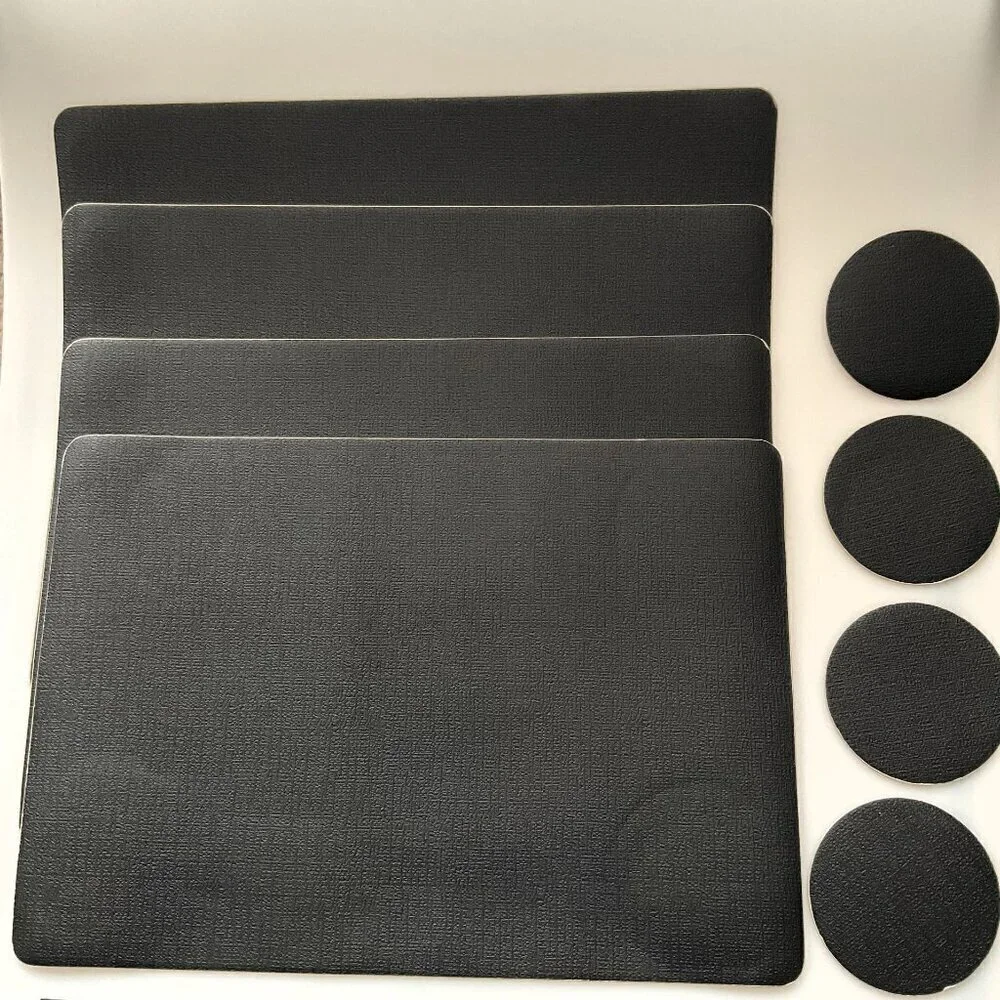 NEW 4 Faux Leather Placemats & Coasters Reversible Heat-Resistant Black & Gray
